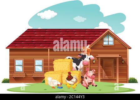 Farm scene with farm animals on the farm illustration Stock Vector