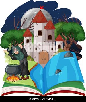 Wizard or witch and castle tower on pop up book cartoon style on white background illustration Stock Vector