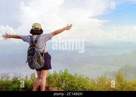 Tourist teen girl on Phu Chi Fa mountain Stock Photo
