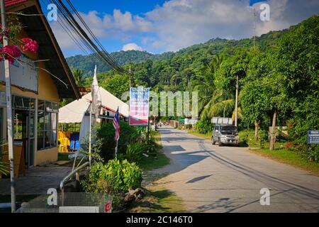 Tioman Island Malaysia - 15 June 2017. Main street in Kampung Tekek which is the largest and most populous village on the Tioman Island Stock Photo