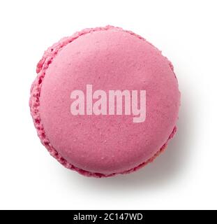 pink raspberry macaroon isolated on white background, top view Stock Photo