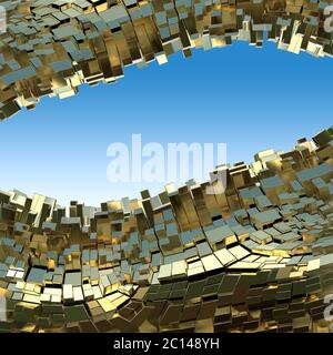 Abstract golden frame made of cubes background in yellow tone. 3d abstract background. Waterscape. Copyspace for your design and Stock Photo