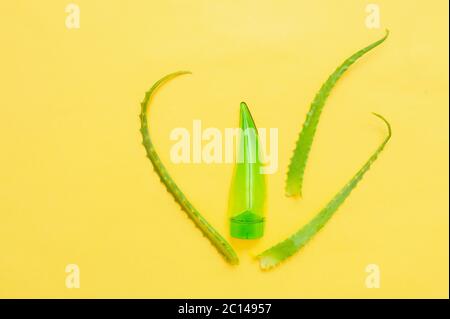 green transparent cosmetic tube in the shape of a leaf of aloe and real natural leaves of aloe Vera on a yellow clean background. cosmetic layout and Stock Photo