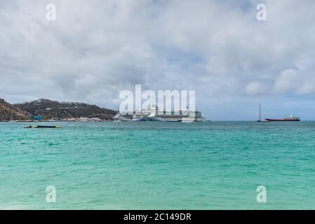 Philipsburg, St. Maarten - May 1, 2019: Cruise ships docked in St. Maarten. St. Maarten is unique in that France and the Netherlands have amicably sha Stock Photo