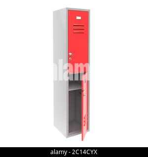 Red metal locker with open door. Two level compartment. 3d rendering illustration isolated on white background Stock Photo
