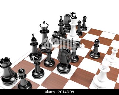 Checkmate. Chessboard with chess pieces in mate position. 3d rendering illustration. Stock Photo