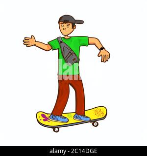 Young man playing skateboard vector illustration. Cartoon character Stock Vector