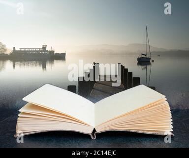 Digital composite concept image of open book wth Beautiful unplugged landscape image of sailing yacht sitting still in calm lake water in Lake Distric Stock Photo