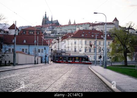 Epidemia has hit the world. I show the situation in the center of Prague during coronavirus COVID-19 outbreak on famous bridge in front of Prague Stock Photo