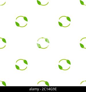 Seamless eco pattern. Two arrows with leaves eco recycle. reuse ornament on white background. Green flat vector wallpaper. Leaf ecology circle symbol Stock Vector