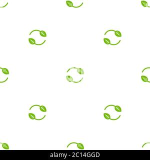 Seamless eco pattern. Two arrows with leaves eco recycle. reuse ornament on white background. Green flat vector wallpaper. Leaf ecology circle symbol Stock Vector