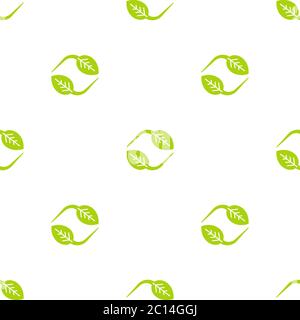 Seamless eco pattern. Two arrows with leaves eco recycle. reuse ornament on white background. Green flat vector wallpaper. Leaf ecology circle symbol Stock Vector