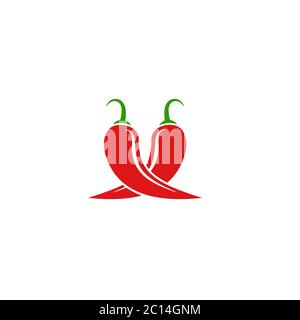 Two crossed Red hot Chili peppers or cayenne, or jalapeno. Vector vegetable icon isolated on white. spice logo. Mexican food, savoury extra tabasco Stock Vector
