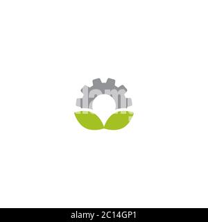 Mechanical gear and green leaves. Isolated on white background. Eco friendly technology icon. World Environment day label. Bio technology. Vector illu Stock Vector