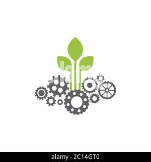 Mechanical gear and three green leaves. Isolated on white background. Eco friendly technology icon. World Environment day label. Bio technology. Vecto Stock Vector