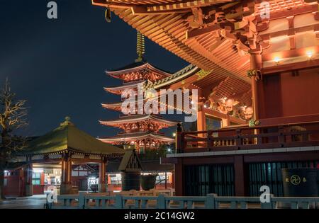 Beautiful Sensoji temple at night in Asakusa, Tokyo. It is Tokyo's oldest temple. Stock Photo