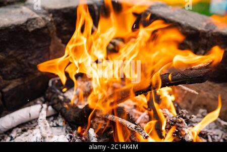 Extreme close up view to wood burning with flames. Orange flame of fire cooking at the stake. Camp fire flames, fire charcoal fire wood Stock Photo