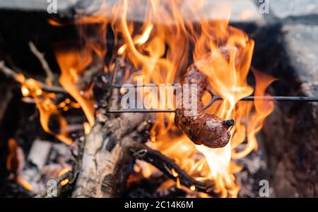 Sausage stabbed on an iron fork and toasted over on campfire in nature. Baking sausages. Closeup shot on fire and on roasted sausage. Stock Photo