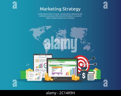marketing strategy spreadsheet on screen. business finance analysis audit with graphs charts. Return on investment ROI concept. increase profit Stock Vector
