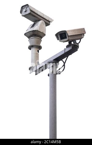 Two surveillance cameras on a tubing system, isolated on white. Big brother is watching you. Focus on the camera top left Stock Photo