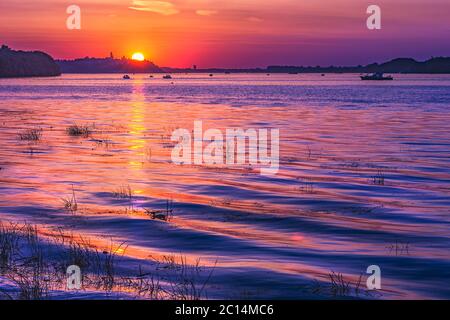 Colorful sunset on the Danube river in Belgrade capital of Serbia Stock Photo