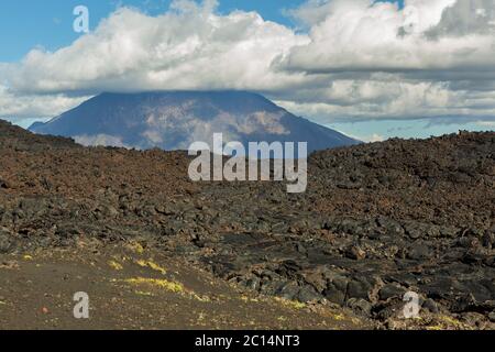Lava field at Tolbachik volcano, after eruption in 2012 on background Big Udina volcano, Kamchatka Stock Photo