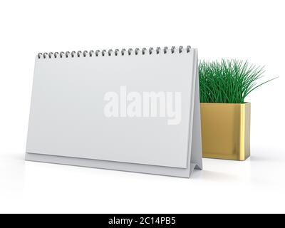 Desk blank calendar mockup on white background. 3D rendering Stock Photo