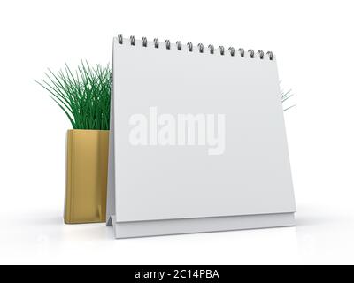 Desk blank calendar mockup on white background. 3D rendering Stock Photo