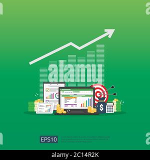 big data analysis on screen. SEO analytic or spreadsheet business audit with graphs and charts. Return on investment ROI concept. business to success Stock Vector