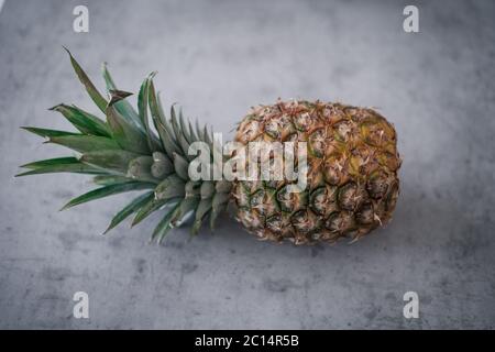 Fresh pineapple on table against grey wall. Ripe pineapple Clipping Path. Concept with copyspace. Stock Photo