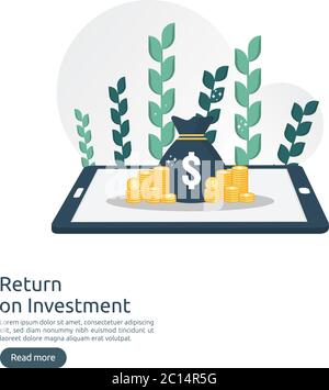 Return on investment ROI concept. business growth arrows to success. dollar stack pile coins and money bag. chart increase profit. Finance stretching Stock Vector