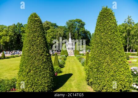 Beautiful garden with Roman fountain located at the Peterhof gardens, the summer palce of the Peter the great in Saint Petersburg, Russia. Stock Photo