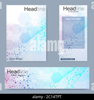 Set flyer, brochure size A4 template,banner. Molecular structure with connected lines and dots.Colorful vector covers with titles Stock Vector