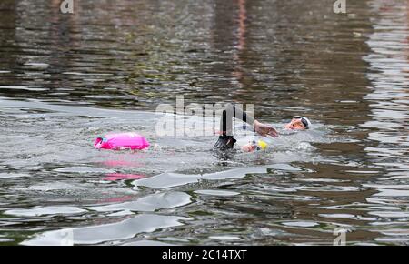 London, UK. 14 June 2020  Open water swimmers, Stuart Leigh & Fiona Buchanan swim in the River Thames, around Eel Pie Island, Twickenham, at a time when swimming pools are closed due to the coronavirus.  Andrew Fosker / Alamy Live News Stock Photo