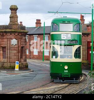 Birkenhead, UK: Oct 1, 2017: A tram carries passengers on the Heritage Tramway to the Woodside Ferry Terminal on the open day of Wirral Transport Muse Stock Photo