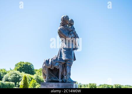 Tsar Peter the Great statue located at the Peterhof gardens, the summer palce of the Peter the great in Saint Petersburg, Russia. Stock Photo
