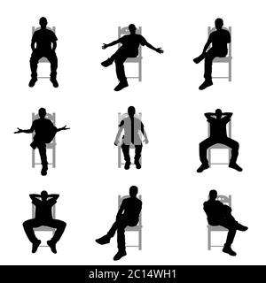 man silhouette sitting on grey chair set art illustration Stock Vector