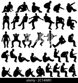 man sitting silhouette in various poses set art illustration Stock Vector