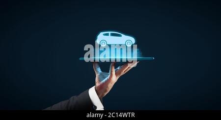 Intelligent car, intelligent vehicle and smart cars concept with smart phones. Symbol of the car and information via wireless communication with smart Stock Photo