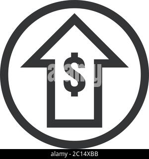 dollar rate increase icon. Money symbol with stretching arrow up. rising prices. Business cost sale icon. cash salary increase. investment growth Stock Vector