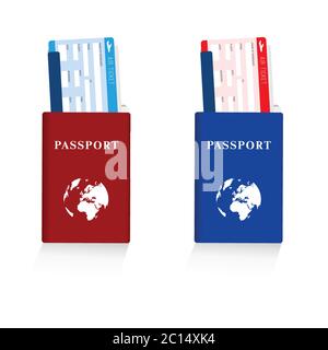 passport in red and blue color with air ticket set illustration on white Stock Vector