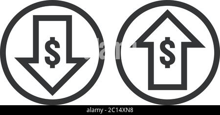 dollar increase decrease icon. Money symbol with arrow stretching rising up and drop fall down. Business cost sale and reduction icon. vector Stock Vector