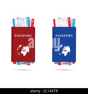 passport red and blue with air ticket illustration Stock Vector
