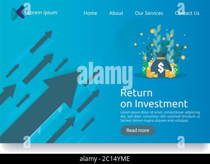 Return on investment ROI concept. Financial business growth arrows to success. dollar stack pile coins and money bag. chart increase profit. Finance Stock Vector