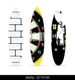 surfboard with various element on it set art illustration Stock Vector