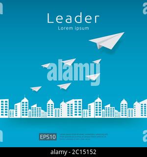 Business leadership and teamwork. paper plane group flying with arrow direction on blue sky. strategy, efficiency, innovation in finance concept Stock Vector