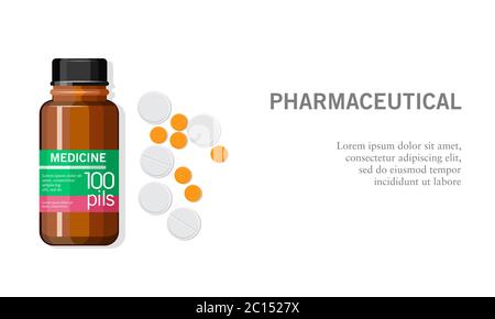 Vector illustration of a medicine bottle open with pills, capsules, and tablet medicine. Suitable for illustrations of pharmaceutical activities. Stock Vector