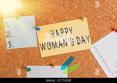 Word writing text Happy Woman S Day. Business photo showcasing to commemorate the essence of every lady around the world Corkboard color size paper pi Stock Photo