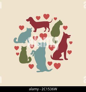 Cats and dogs vector silhouette round composition Stock Vector