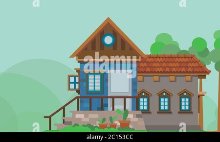 Vector illustration of a family home in the countryside with beautiful natural scenery. Perfect for a weekend getaway in a mountain villa. Stock Vector